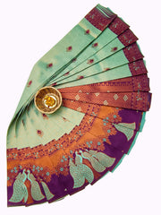 Mayil Mustard Teal Soft Silk saree front view with Mayil peacock motifs and zari border