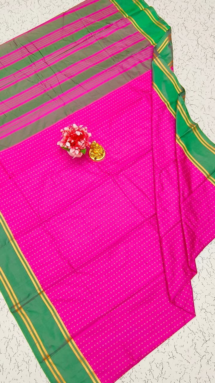 Aarani Soft Silk Saree – Hot Pink with Forest Green Zari Border