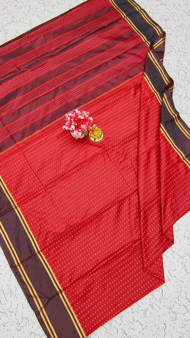 Aarani Soft Silk Saree – Bright Red with Dark Brown Zari Border