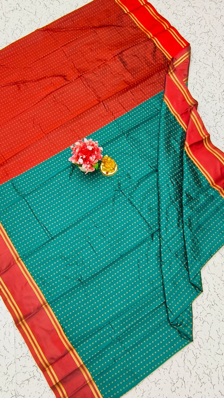 Aarani Soft Silk Saree – Teal with Brick Red Zari Border
