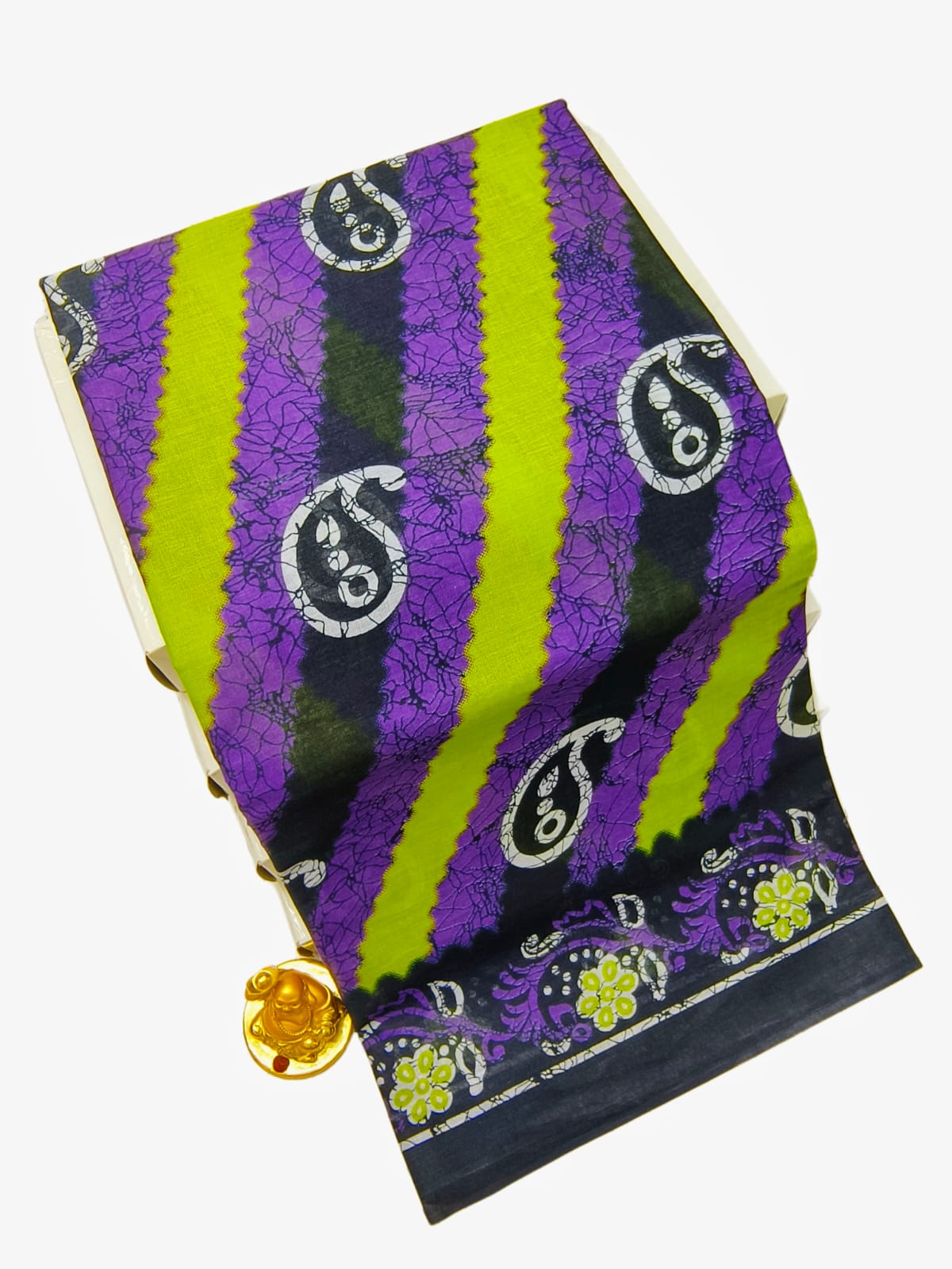 Erode Voile Cotton Saree Purple Lime Green Batik Stripe Charcoal Border Paisley ERODE09 Ravee Silk