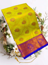 Bridal Stone Work Lime Purple Pure Silk saree with Zari Work, Stone Work, Butta and Jacquard details
