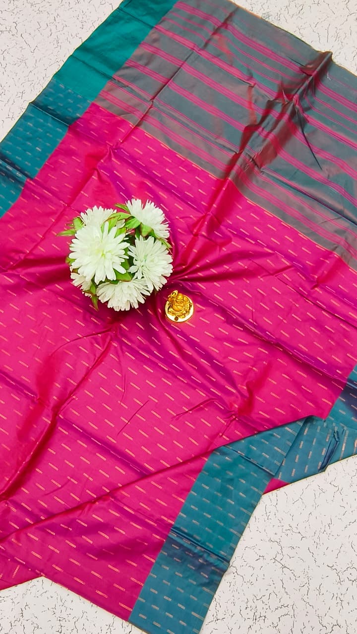 Aarani Bright Pink Teal Soft Silk saree front view with woven pattern and zari border