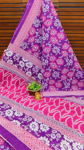 Bengal Purple White Mul Mul Cotton saree with Floral print