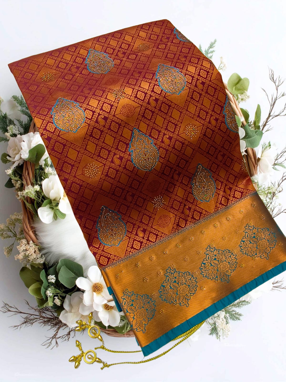 Bridal Stone Work Cream Orange Pure Silk saree with Zari Work, Stone Work, Butta and Jacquard details