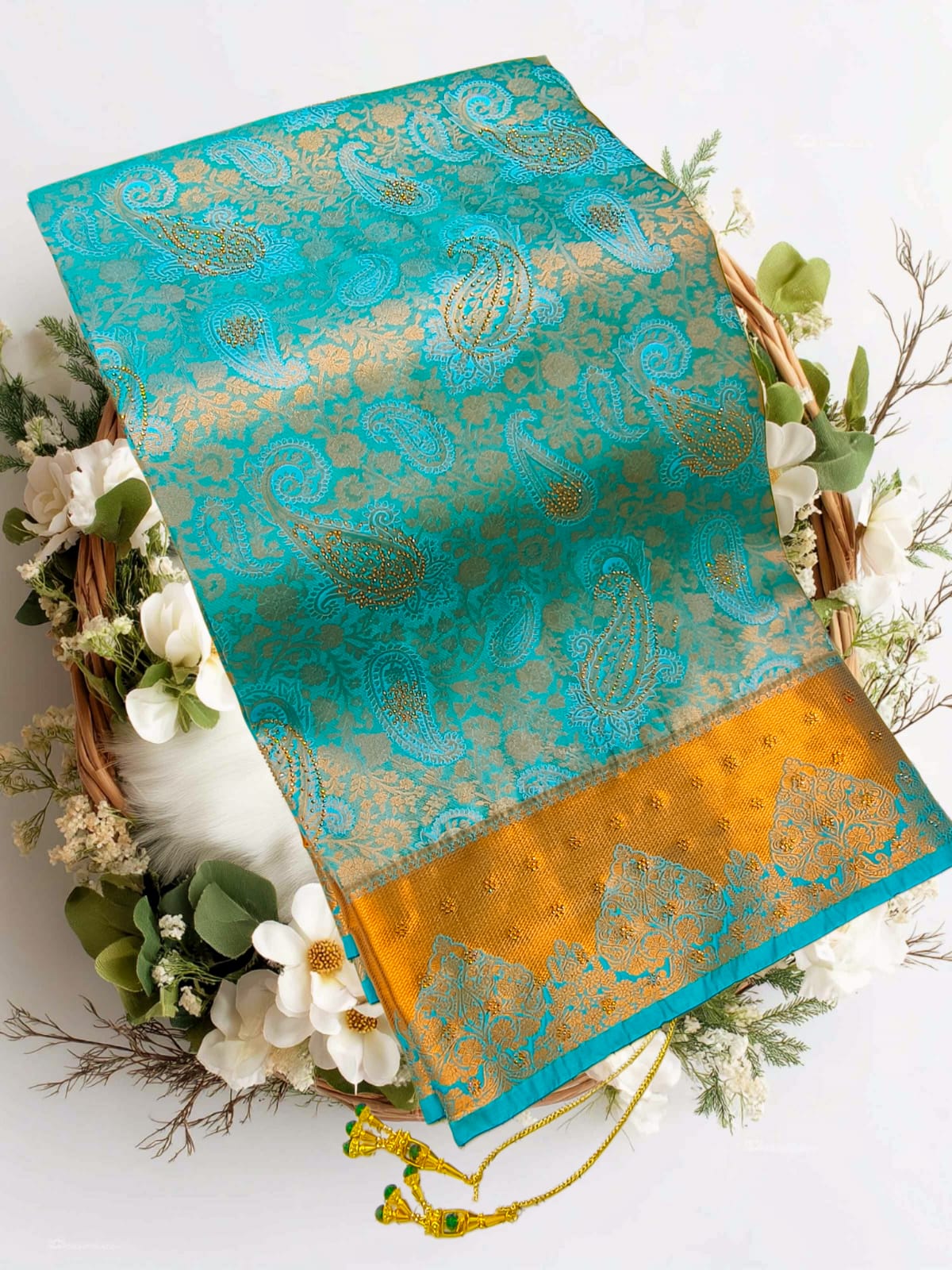Bridal Stone Work Bronze Purple Pure Silk saree with Zari Work, Stone Work, Butta and Jacquard details