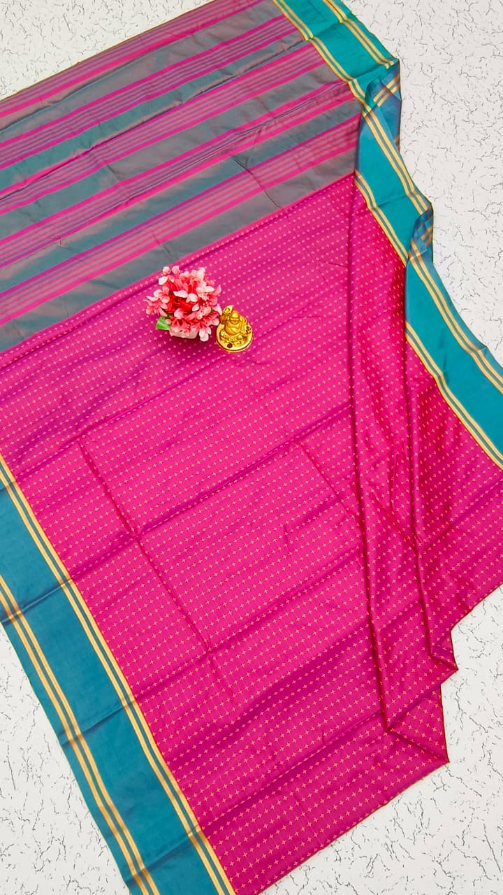 Aarani Soft Silk Saree – Hot Pink with Steel Blue Zari Border