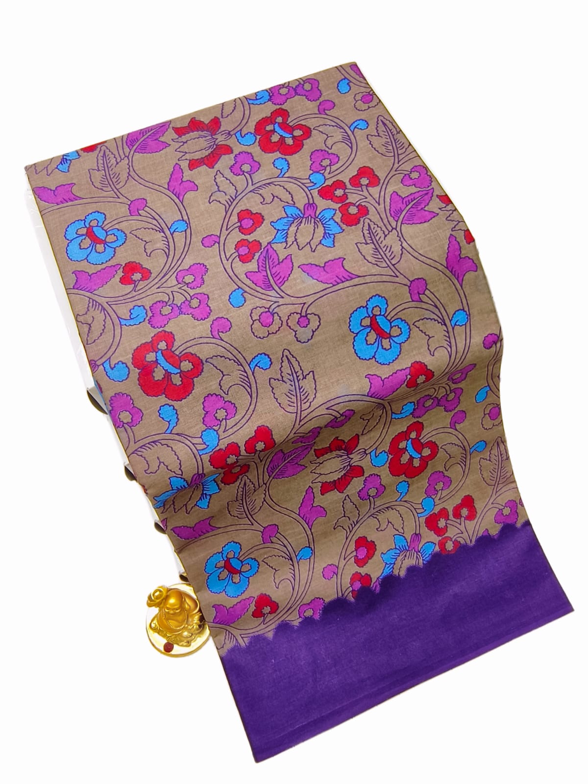 Erode Voile Cotton Saree Taupe Kalamkari Floral Vine Print Purple Border ERODE10 Ravee Silk