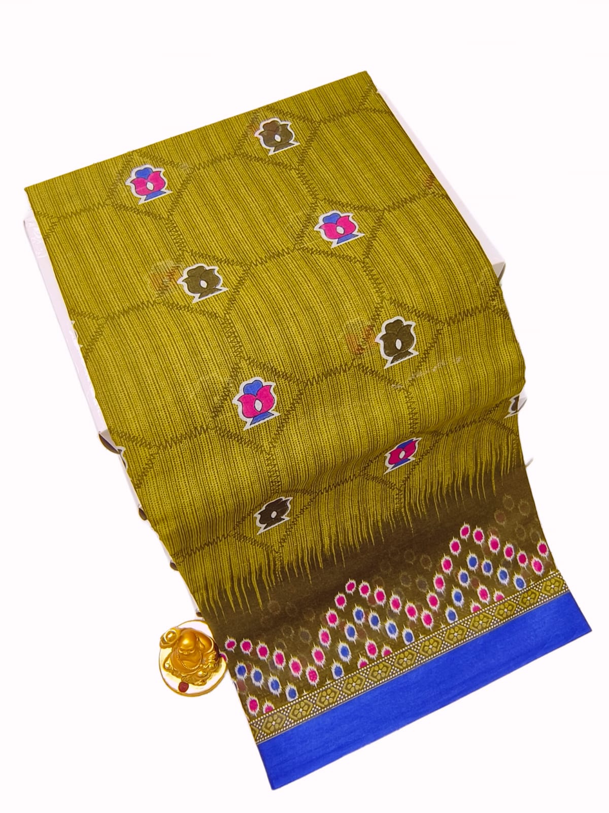 Erode Voile Cotton Saree Olive Green Royal Blue Border Flower Butta ERODE11 Ravee Silk
