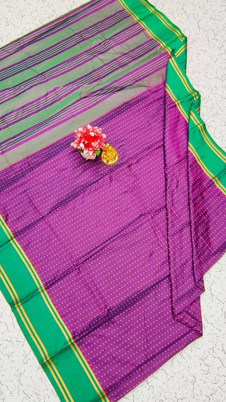 Aarani Soft Silk Saree – Bright Purple with Emerald Green Zari Border