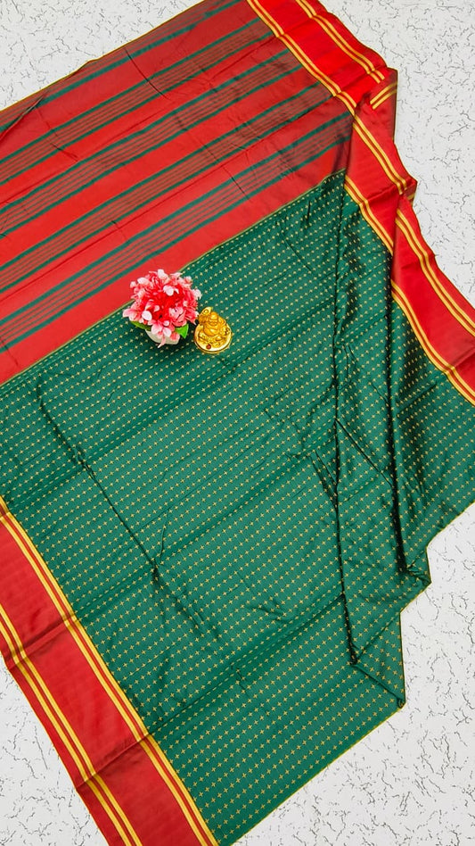 Aarani Soft Silk Saree – Deep Green with Bright Red Border | AARAN38 | Ravee Silk