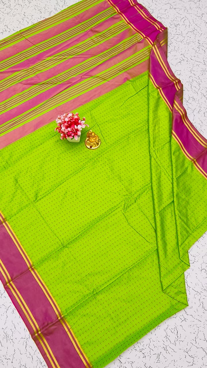 Aarani Soft Silk Saree – Lime Green with Magenta Pink Zari Border