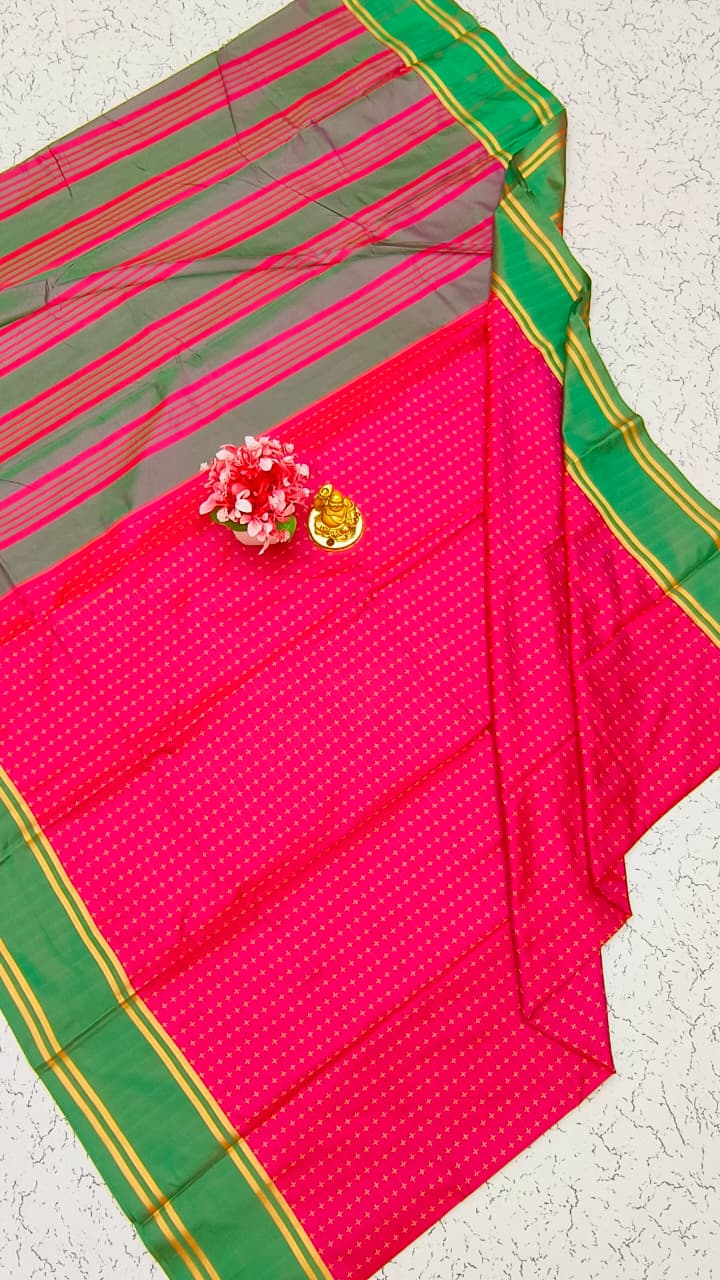 Aarani Soft Silk Saree – Hot Pink with Green Zari Border
