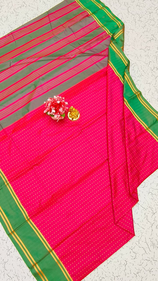 Aarani Soft Silk Saree – Hot Pink with Green Zari Border