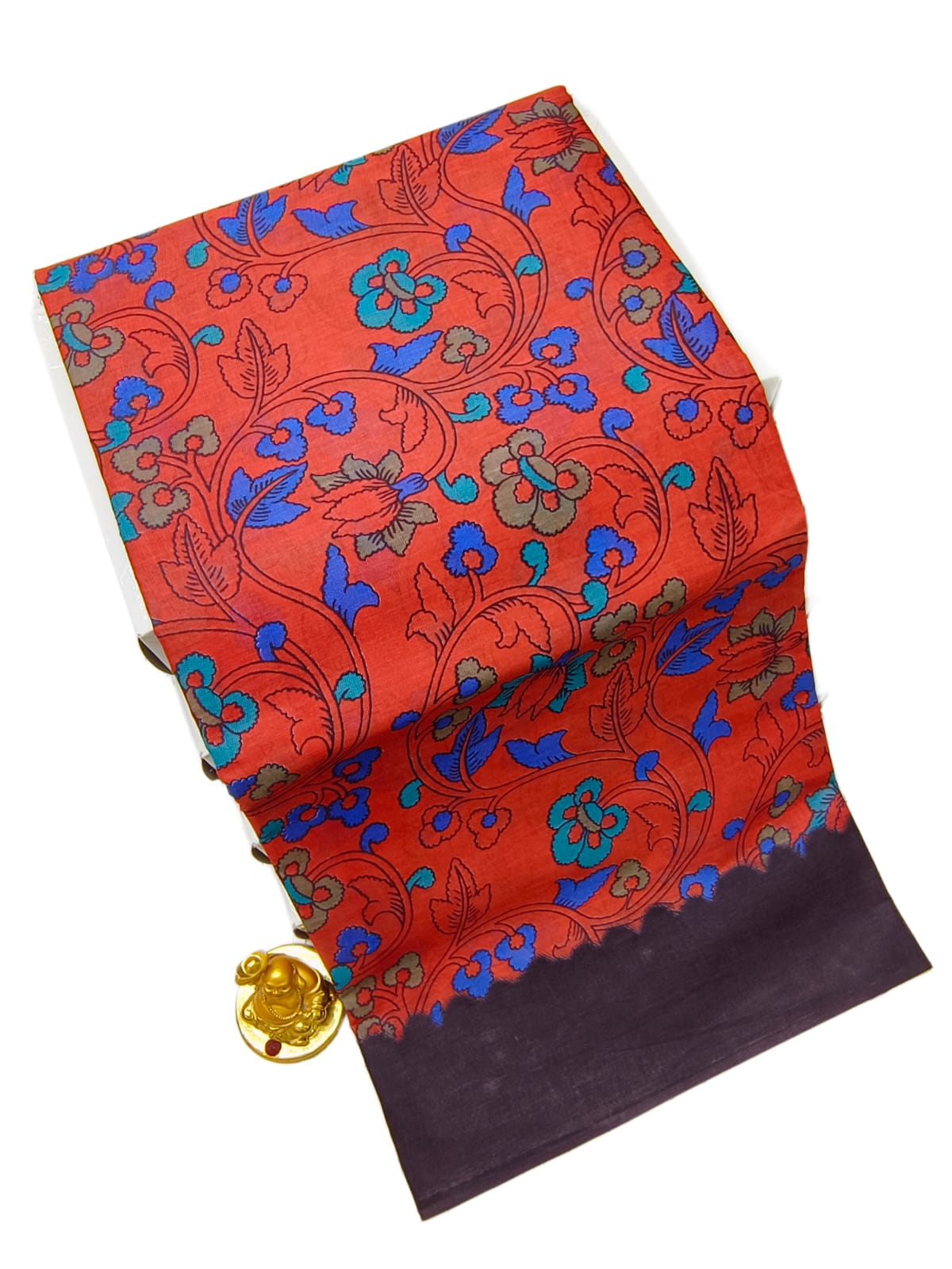 Erode Voile Cotton Saree | Red / Brick Red with Kalamkari Floral Vine Print & Dark Purple Border | ERODE20 | Ravee Silk