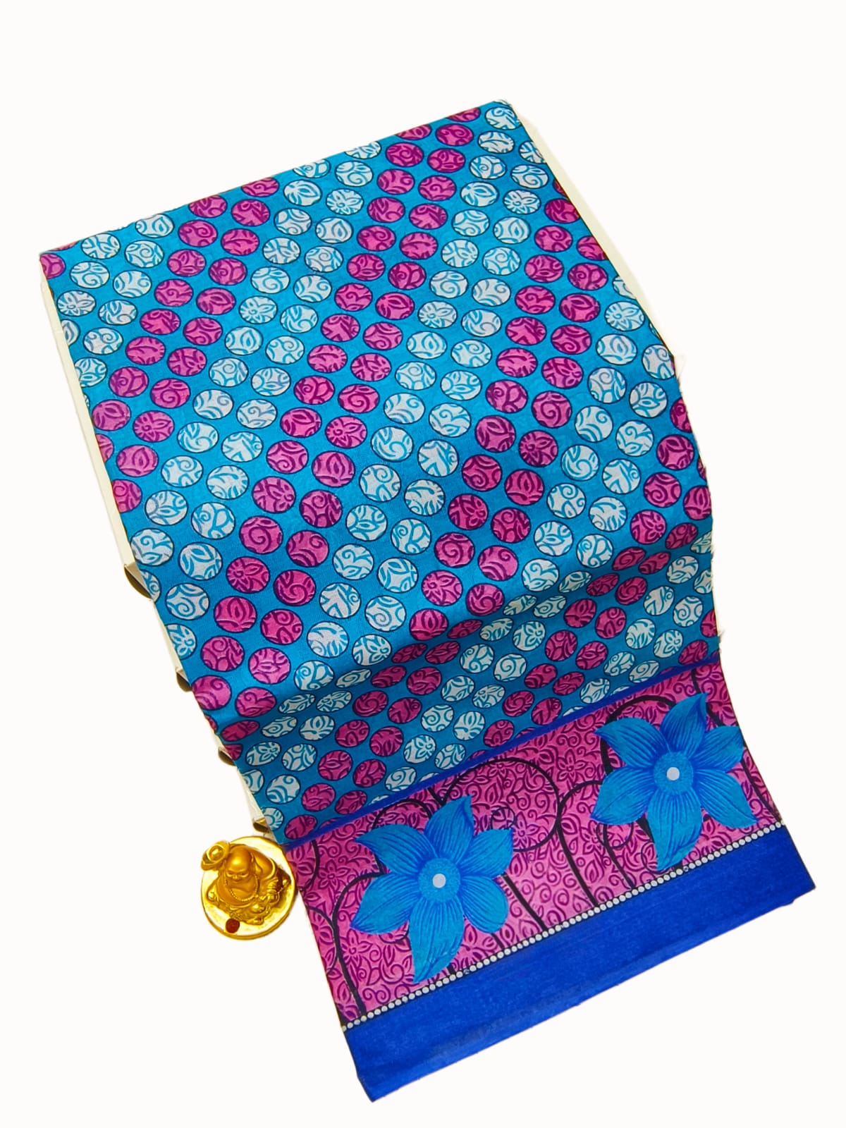 Erode Voile Cotton Saree | Teal / Turquoise Blue with Circle Dot Print & Royal Blue Border | ERODE21 | Ravee Silk