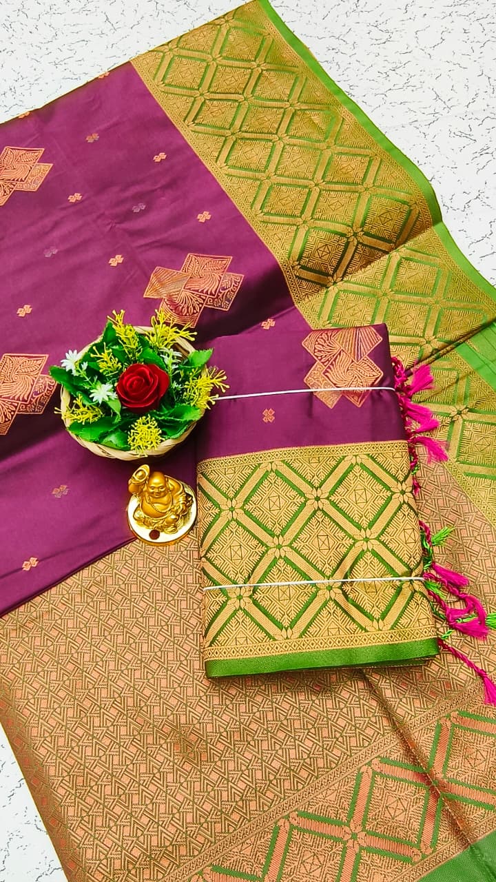 Luxury Meena Soft Silk Saree – Parrot Green with Wine Border | LMSSI21
