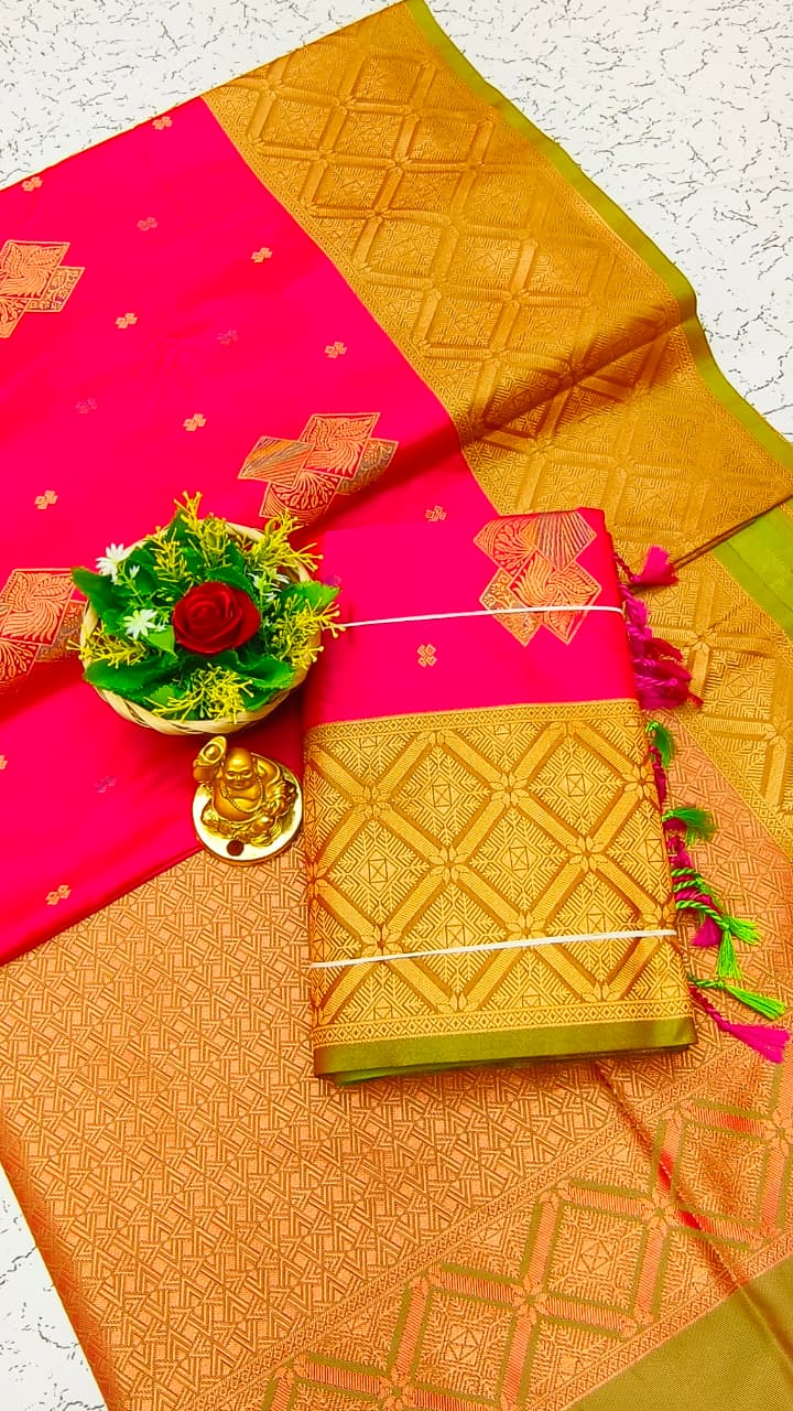 Luxury Meena Soft Silk Saree – Parrot Green with Wine Border | LMSSI22