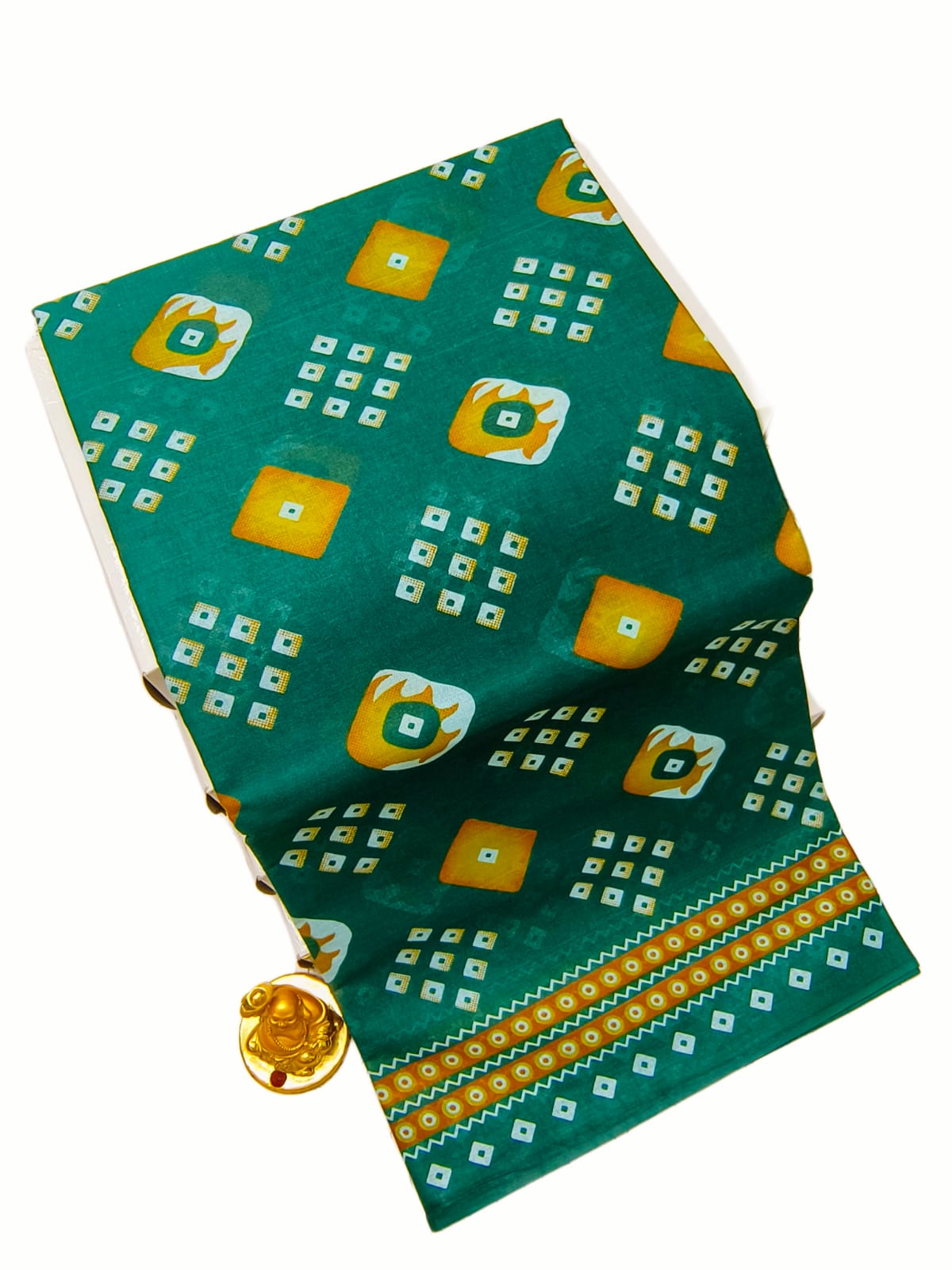 Erode Voile Cotton Saree | Teal / Bottle Green with Bandhani Triangle Print & Mustard Gold Border | ERODE23 | Ravee Silk