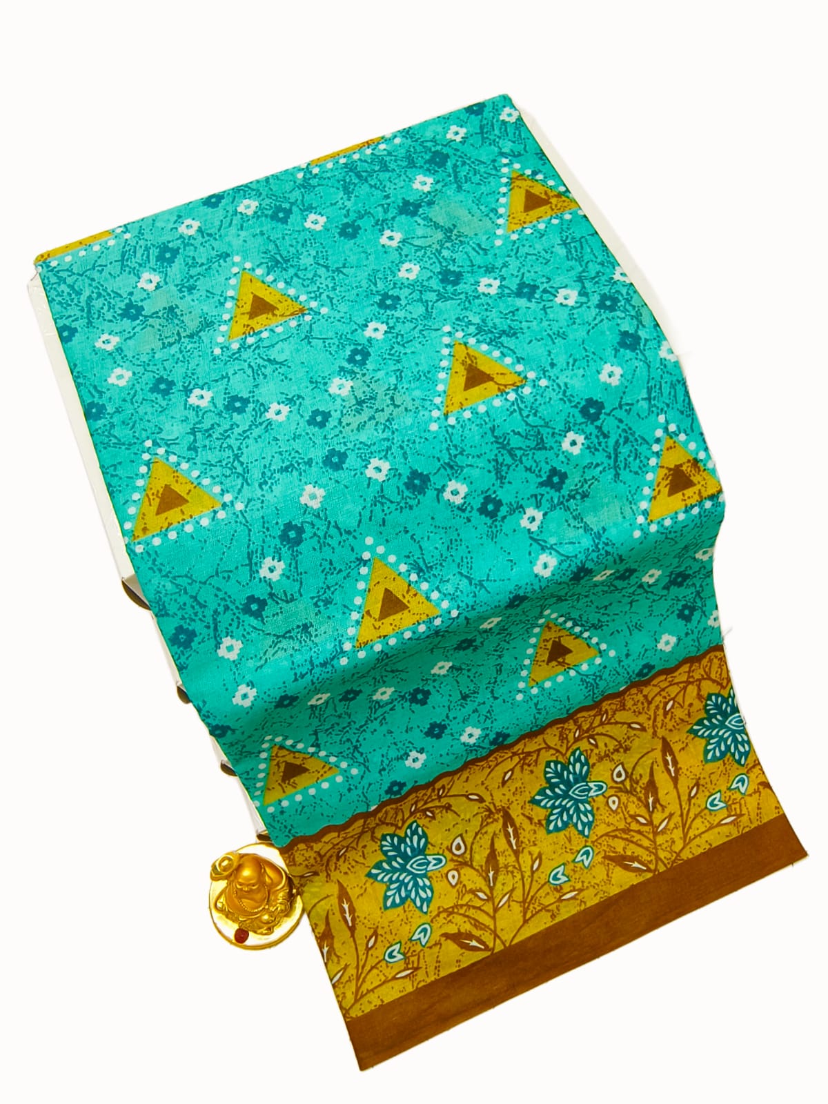 Erode Voile Cotton Saree | Teal / Turquoise with Bandhani Triangle & Ditsy Floral Print & Mustard Gold Border | ERODE24 | Ravee Silk