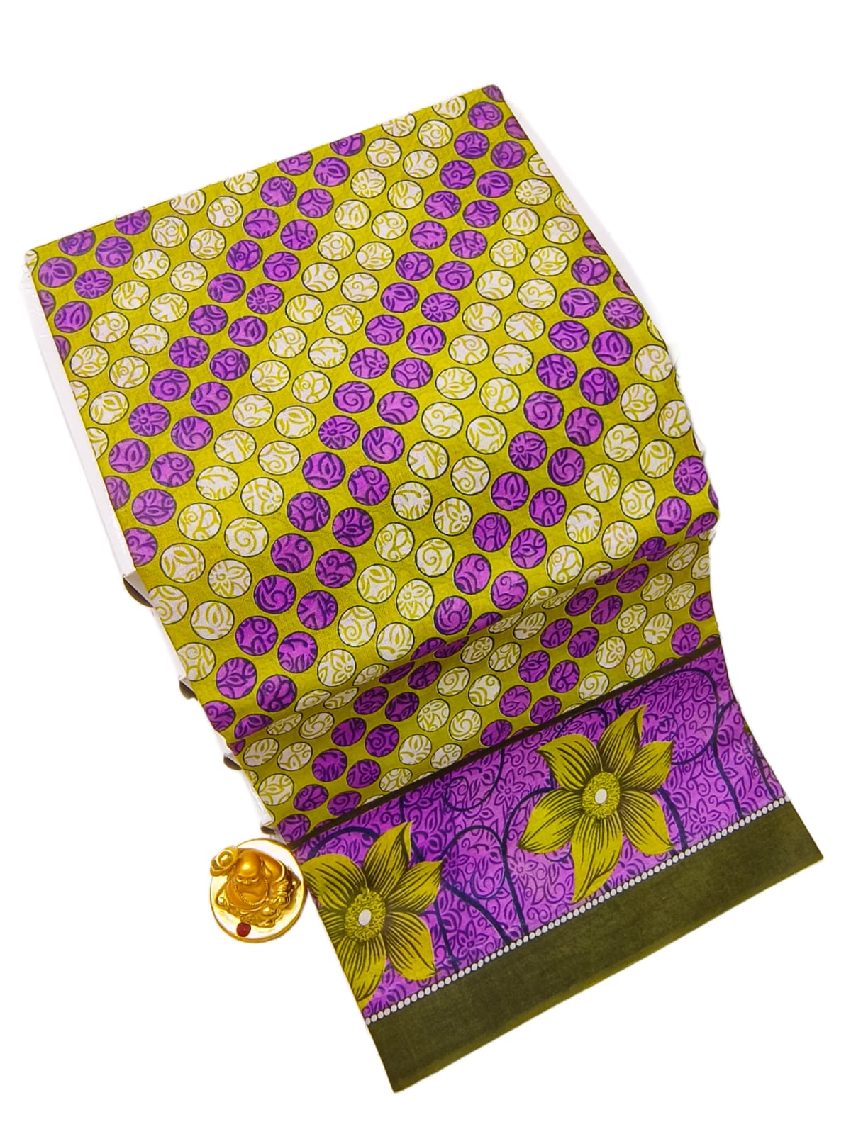 Erode Voile Cotton Saree | Olive / Yellow-Green with Circle Dot Print & Dark Olive Border | ERODE26 | Ravee Silk