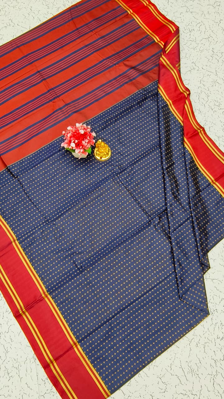 Aarani Soft Silk Saree – Steel Blue with Red Zari Border