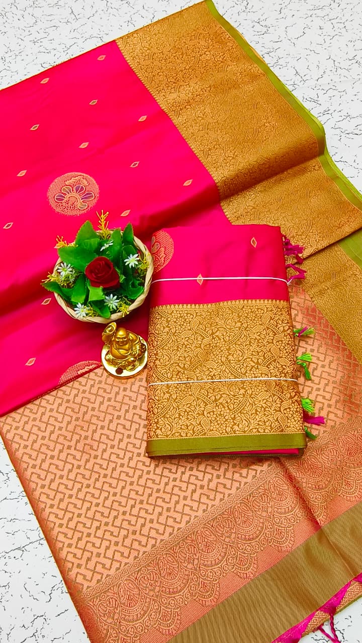 Luxury Meena Soft Silk Saree – Parrot Green with Wine Border | LMSSI30