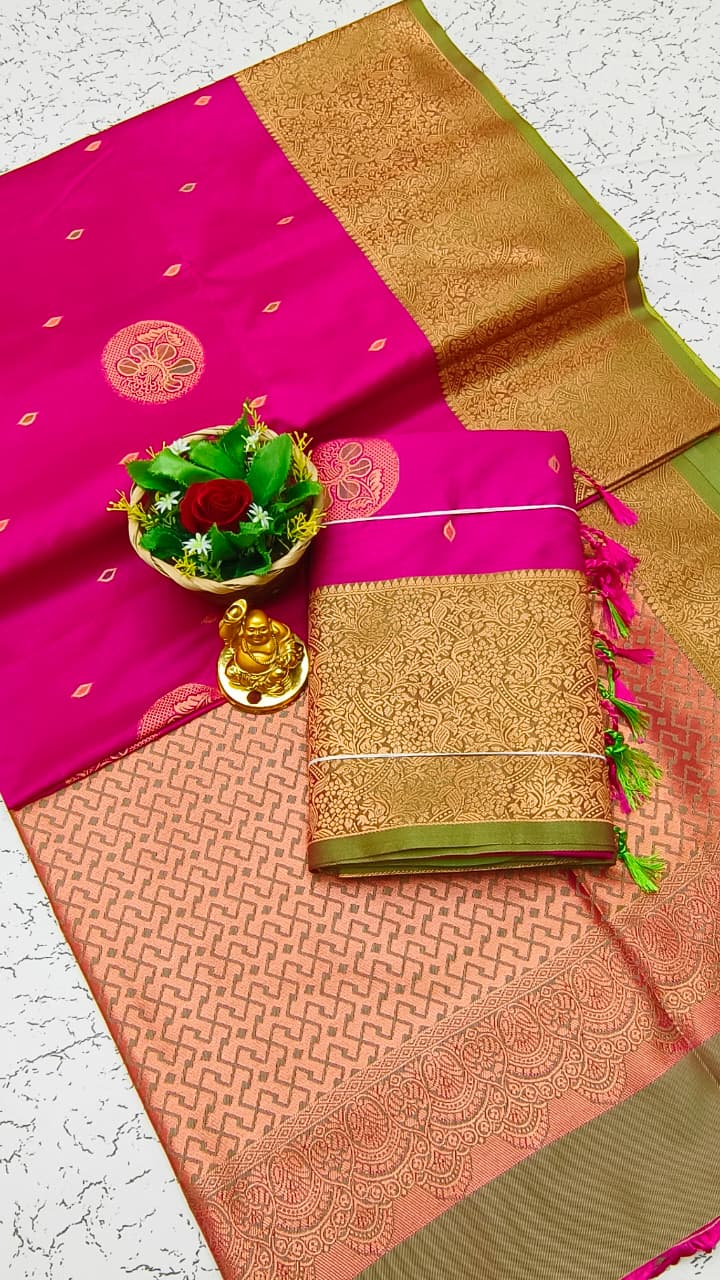 Luxury Meena Soft Silk Saree – Parrot Green with Wine Border | LMSSI34