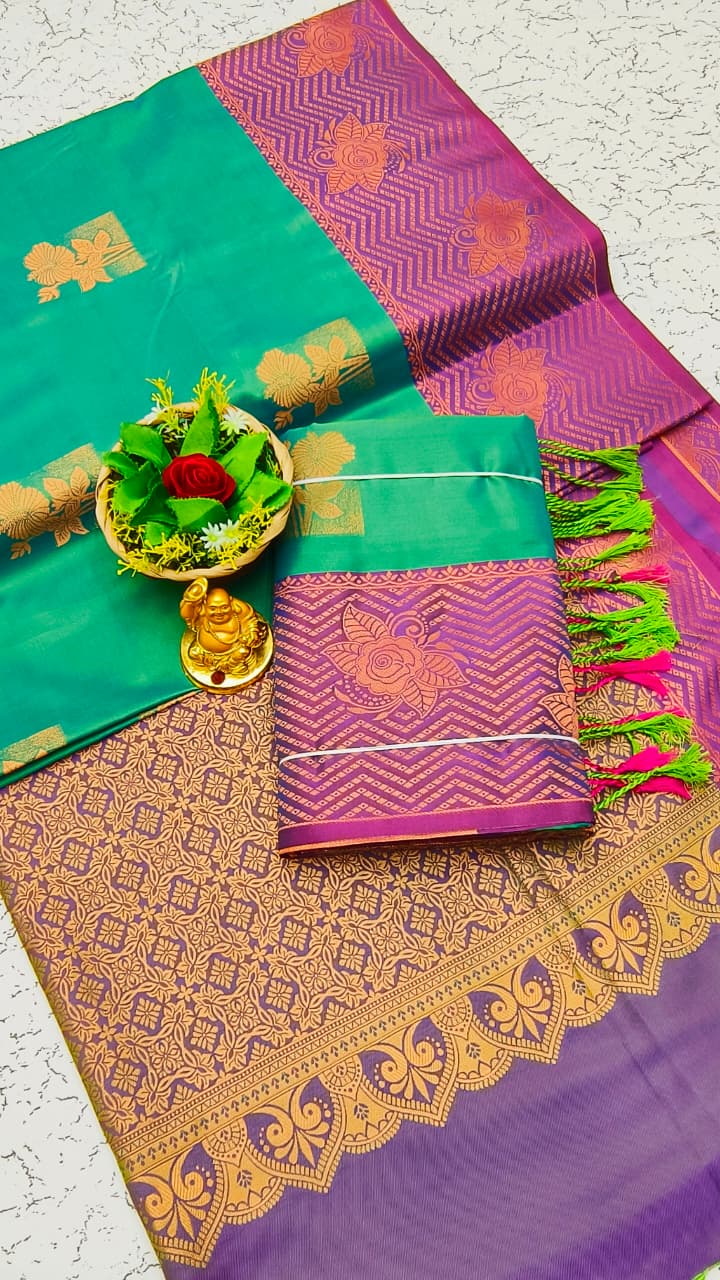 Luxury Meena Soft Silk Saree – Teal Green with Purple Pallu | LMSSI03