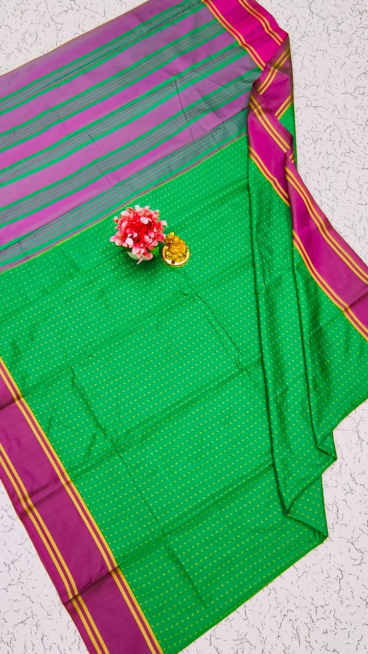 Aarani Soft Silk Saree – Parrot Green with Purple Zari Border