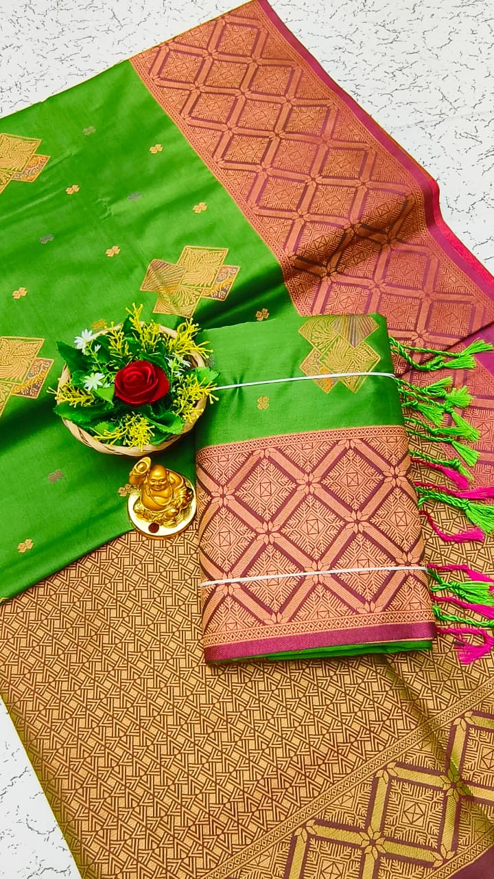 Luxury Meena Soft Silk Saree – Parrot / Lime Green | LMSSI05