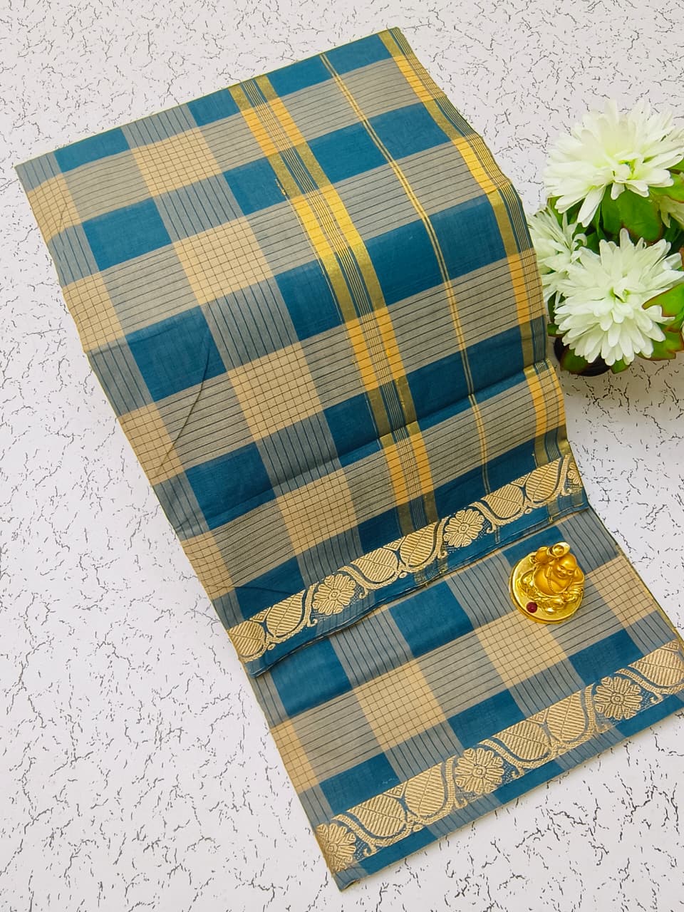Chettinad Purple Maroon Cotton saree front view with woven checks and zari border