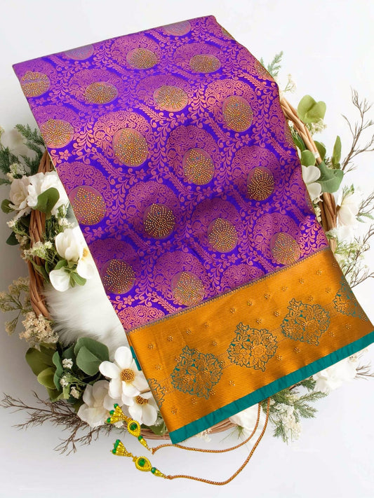 Bridal Stone Work Peach Magenta Pure Silk saree with Zari Work, Stone Work, Butta and Jacquard details