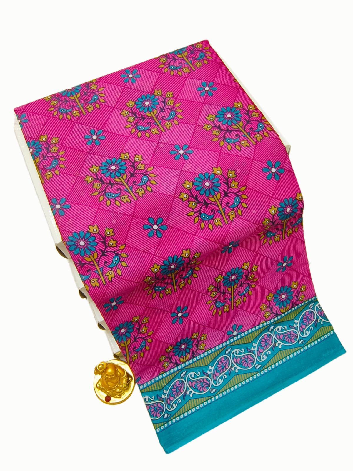 Erode Voile Cotton Saree Fuchsia Pink Teal Border Floral Tree Print ERODE06 Ravee Silk