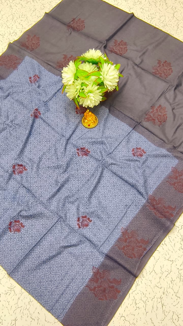Elampillai Orange Peach Soft Cotton Saree with hand block print checks