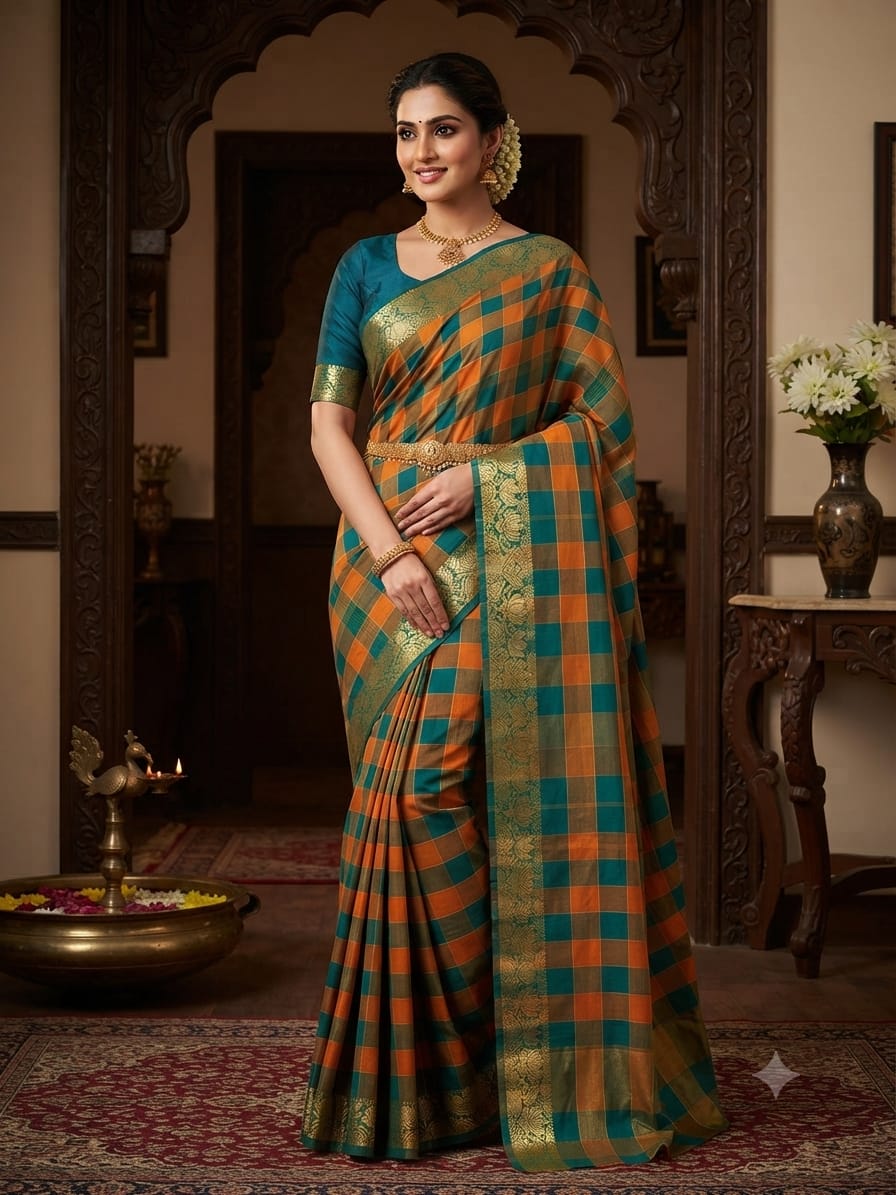 Chettinad Green White Cotton saree front view with woven checks and zari border