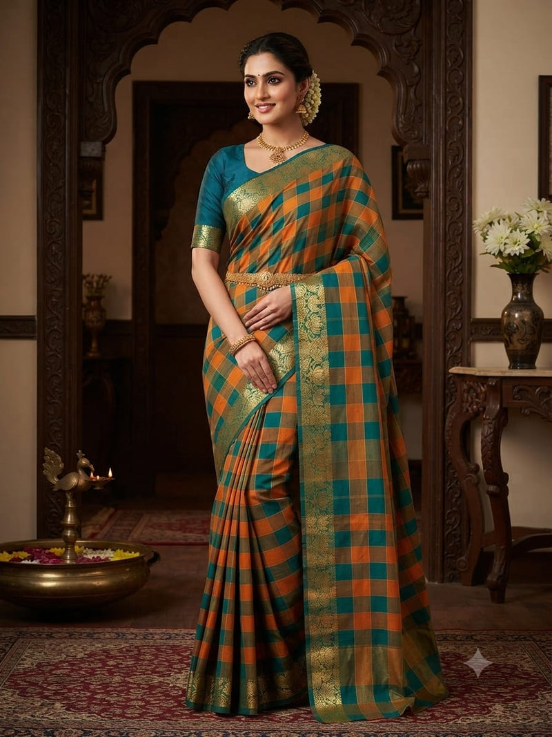 Chettinad Green White Cotton saree front view with woven checks and zari border