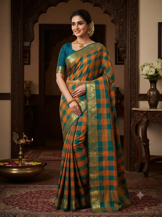 Chettinad Green White Cotton saree front view with woven checks and zari border