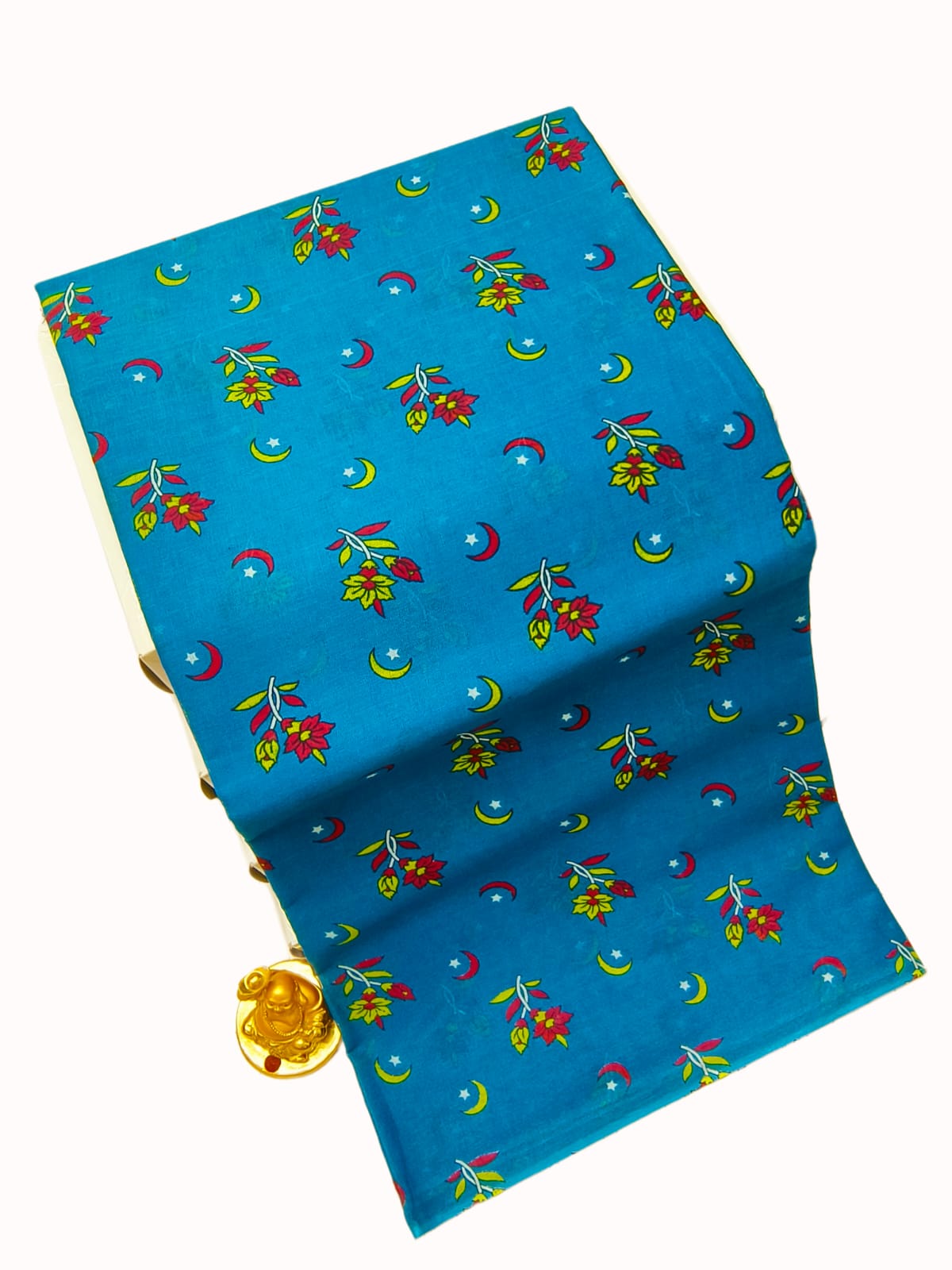 Erode Voile Cotton Saree Teal Floral Sprig Crescent Moon Star Print ERODE07 Ravee Silk