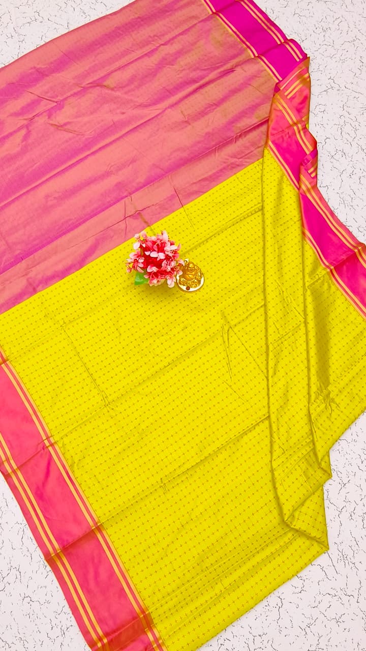 Aarani Soft Silk Saree – Bright Yellow with Hot Pink Zari Border