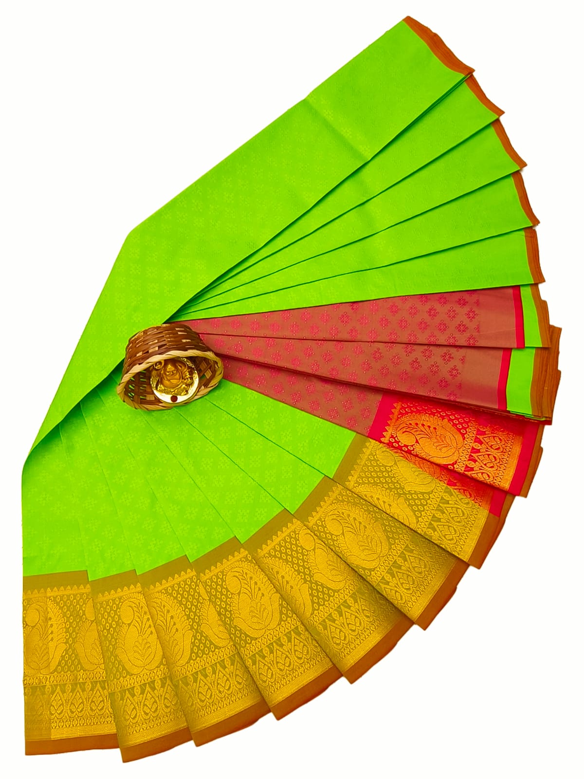 Elampillai Lime Green Yellow Emboss Semi Silk saree front view with woven pattern and zari border