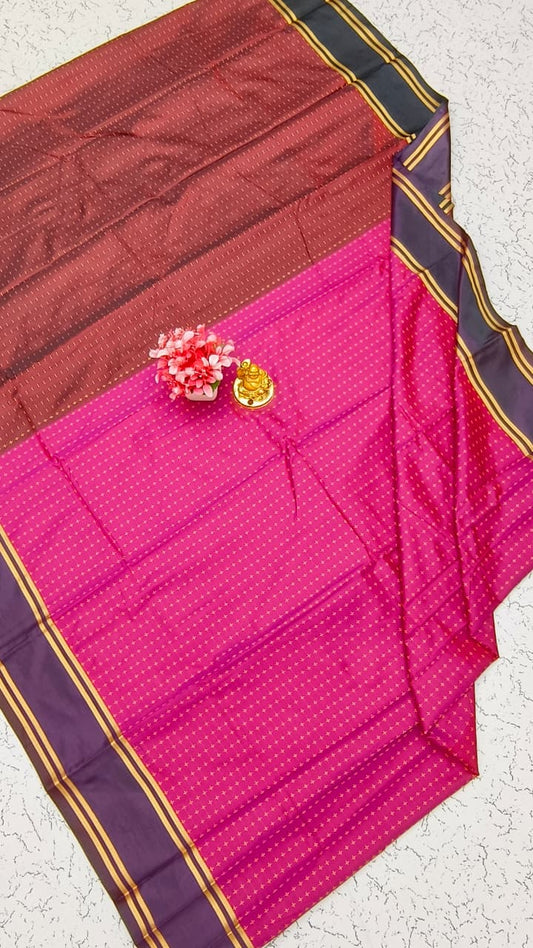 Aarani Blue Magenta Soft Silk saree front view with woven pattern and zari border