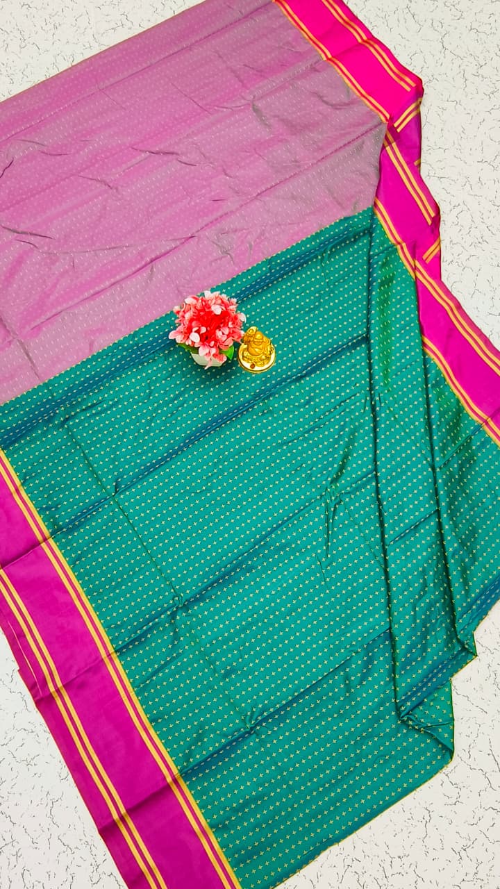 Aarani Bright Pink Brown Soft Silk saree front view with woven pattern and zari border