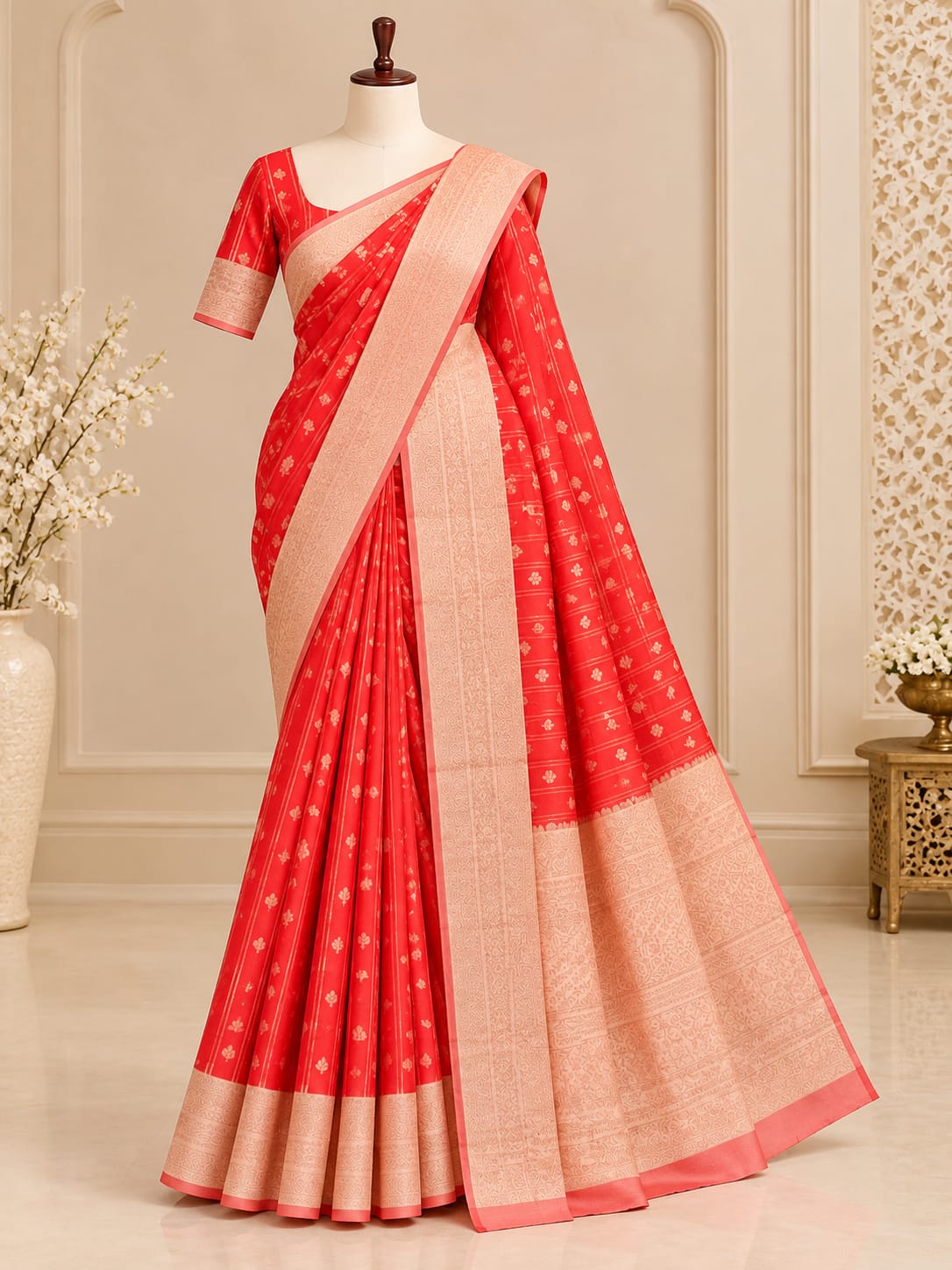 Red Gold Floral Motif Saree with Broad Border