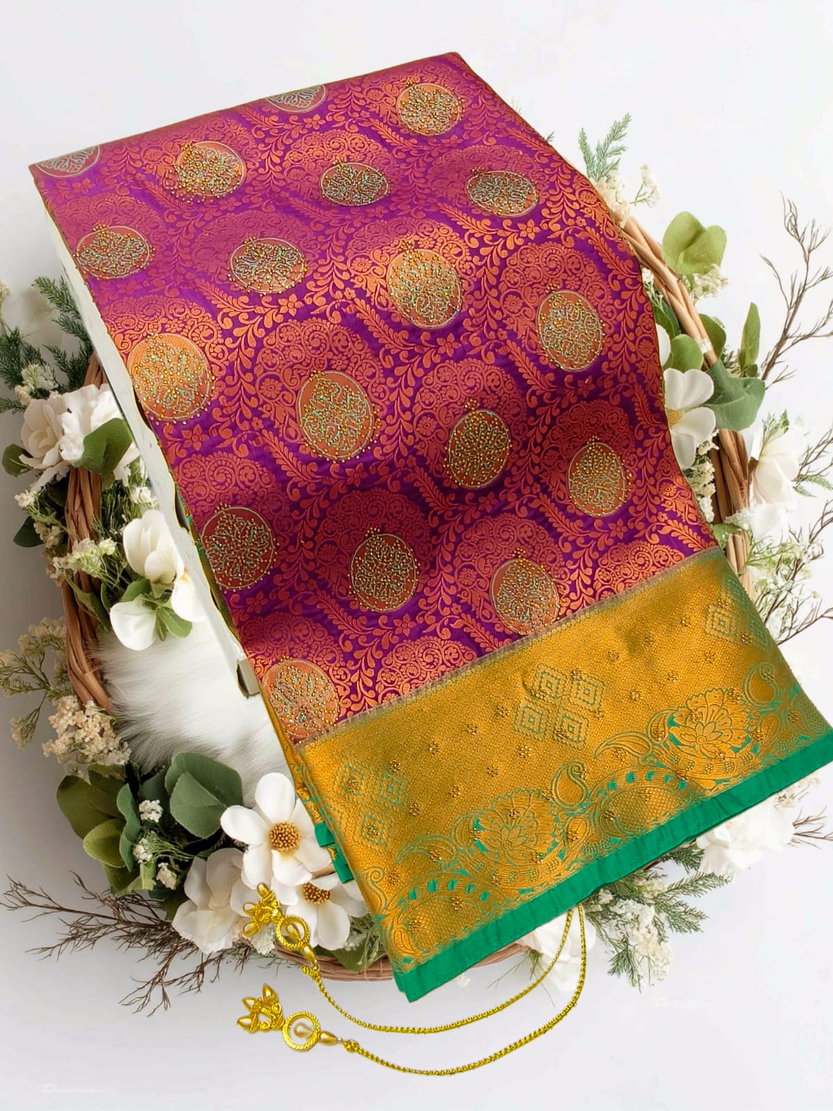 Bridal Stone Work Bronze Purple Pure Silk saree with Zari Work, Stone Work, Butta and Jacquard details