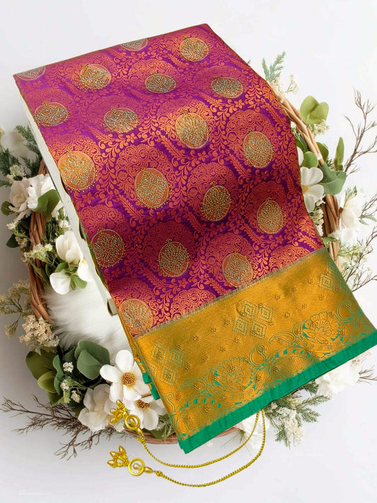 Bridal Stone Work Bronze Purple Pure Silk saree with Zari Work, Stone Work, Butta and Jacquard details