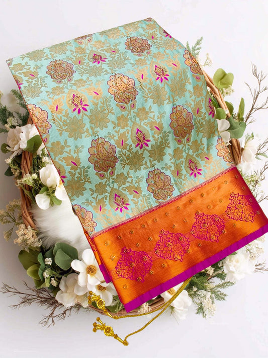 Bridal Stone Work Royal Blue Orange Pure Silk saree with Zari Work, Stone Work, Butta and Jacquard details
