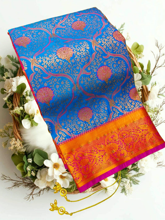 Bridal Stone Work Purple Gold Pure Silk saree with Zari Work, Stone Work, Butta and Jacquard details