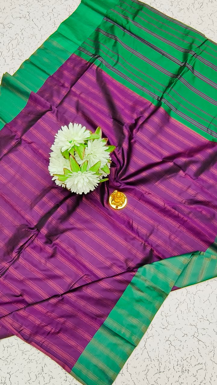 Aarani Maroon Green Soft Silk saree front view with woven pattern and zari border