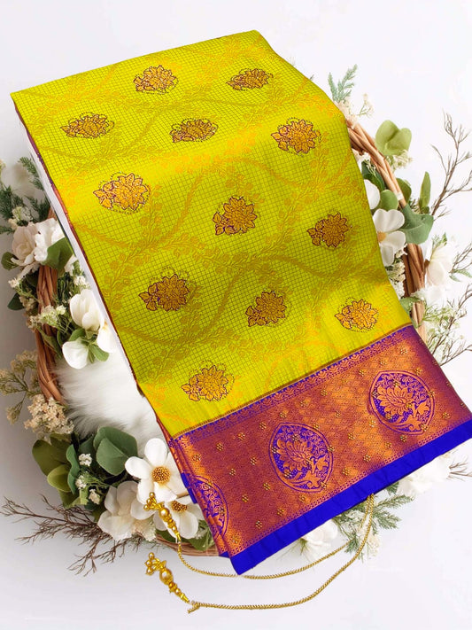 Bridal Stone Work Lime Purple Pure Silk saree with Zari Work, Stone Work, Butta and Jacquard details